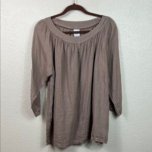 Match Point Linen 3/4 Sleeve Scoop Neck Light Brown Tunic Top Medium